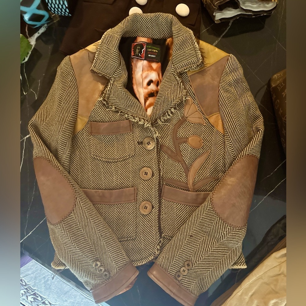 BOB MARLEY ONE OF A KIND Reworked Herringbone Blazer w Leather Patchwork